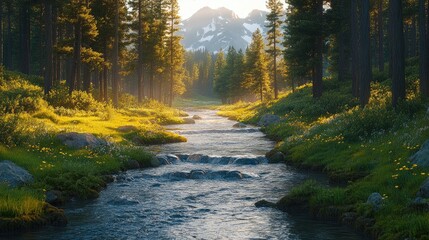 Obraz premium Serene Mountain Stream Flowing Through Lush Forest with Sunlight Filtering Through Trees