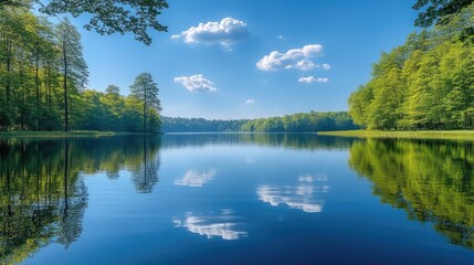 Fototapeta premium Serene lake surrounded by lush green trees under a clear blue sky reflecting in the water