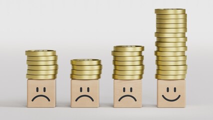 Coin stacking on smiley face and sad face for good financial planing can make happiness in life, Money saving and investment concept.3D rendering on white background.