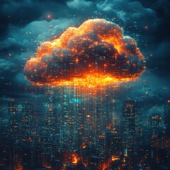 Fototapeta premium Fiery cloud data raining on cityscape at night; digital future concept