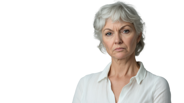 Serious senior businesswoman with folded arms on transparent background