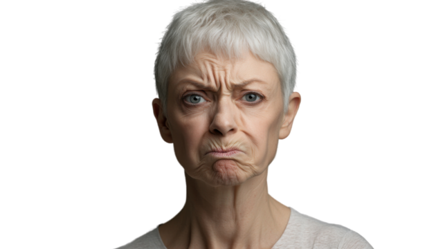 Senior woman expressing disgust with transparent background