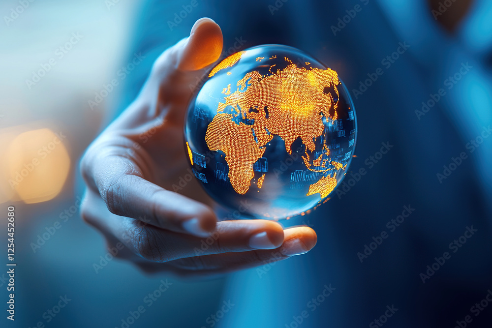 Poster hand holding glowing digital globe representing global networks and ai integration, symbolizing tech