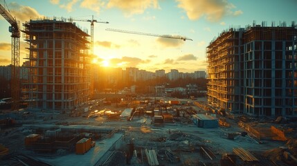 Sunset urban construction site, cranes, buildings, development