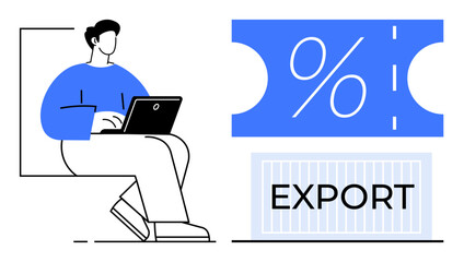 Business professional with laptop thinking about discounts and export options. Ideal for e-commerce, global trade, shipping logistics, business strategies, economic analysis, market expansion