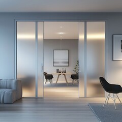 Office layout in 3D with sliding glass doors, soft lighting, and minimalist design for a cozy environment.