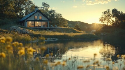Fototapeta premium Lakeside sunset cabin, tranquil view, summer evening, real estate