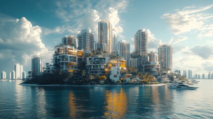 Fototapeta premium Luxurious island city sunset, ocean view, yacht, architectural design, promotional use