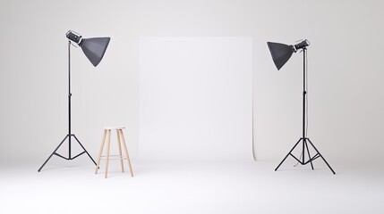 Minimalist studio setup with lighting equipment and a stool against a blank backdrop