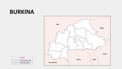 Burkina Faso Map. Political map of Burkina Faso with state border in outline. Political map of Burkina Faso with outline and neighbouring countries.
