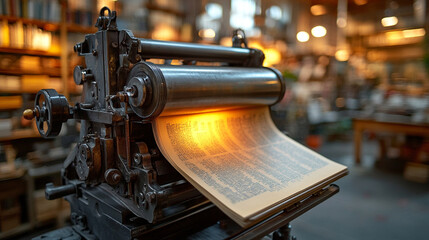 A modern shiny metal printing press with a bright tone and blurred background, symbolizing the intersection of technology and communication, capturing the concept of chaos in a controlled space