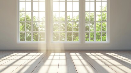 Obraz premium Bright, airy room with sunlight streaming through large windows, showcasing green outdoor scenery