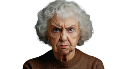 Grumpy senior woman frowning and showing displeasure on transparent background