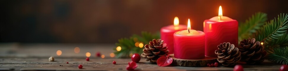 Glowing red candles and pinecones on a wooden table, lighting, fire
