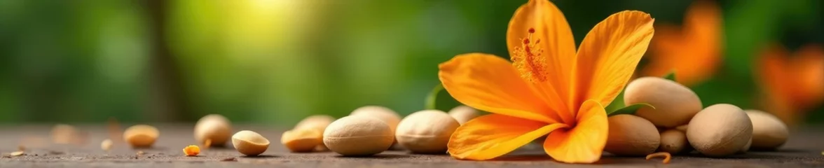 Wanddecoratie Ziekenhuis Macadamia nut shells surround a stunning orange-hued flower, against a soothing natural background, botanical, oranges, natural  © Sourithideth
