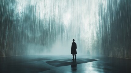 Fototapeta premium Woman contemplates digital waterfall art installation