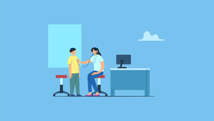 Vector illustration of doctor or general practitioner checks kid chest with stethoscope. Concept of hospital, clinic, health care, medicine, diagnosis, doctor consultation, examination, illness.