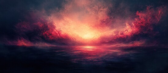 Fototapeta premium Fiery sunset over a calm ocean, dramatic cloudscape, fantasy background, game design