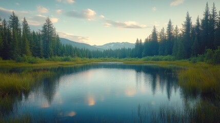Fototapeta premium Serene mountain lake reflection, sunset, forest, travel brochure