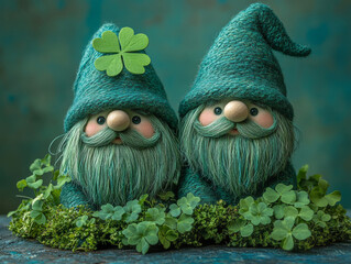 Gnomes and Four-leaf clover for good luck. St. Patrick's Day background