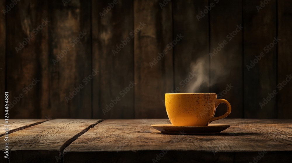 Poster warm coffee cup with steam on rustic wooden table creating a cozy atmosphere in a quiet space. gener
