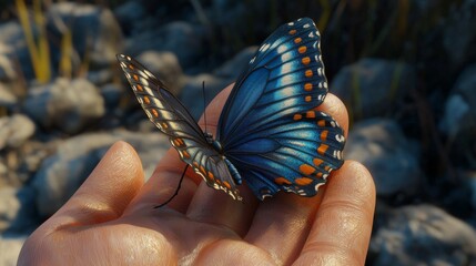 Vibrant Close-Up of a Blue Monarch Butterfly Resting on a Human Hand in Nature's Setting