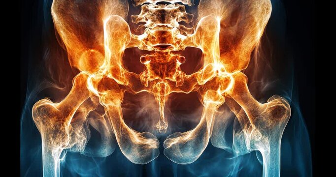 A close up of a skeleton's hip bones with a red and orange glow. Concept of warmth and life, despite the cold and lifeless nature of the skeleton