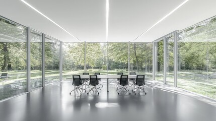 Modern conference room with glass walls overlooking a serene green landscape and trees
