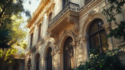 Obraz premium Elegant European mansion, sunny courtyard, lush foliage, architectural detail, real estate