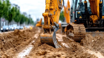 Construction excavator digging trench on city street