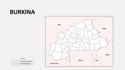 Burkina Faso Map. Political map of Burkina Faso with state border in outline. Political map of Burkina Faso with outline and neighbouring countries.