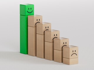 Green leader of business diagram.Wood cube with smile, normal and sad face. Facial expressions....