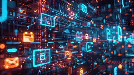 Glowing symbols and icons representing secure data privacy and compliance