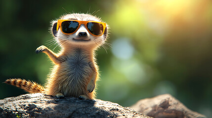 Fototapeta premium Meerkat Wearing Sunglasses Posing On Rock