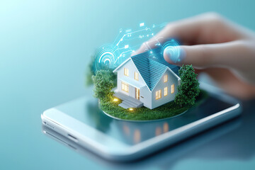 miniature house model sits on smartphone, symbolizing smart home technology integration. hand interacts with digital icons, representing seamless connectivity and control