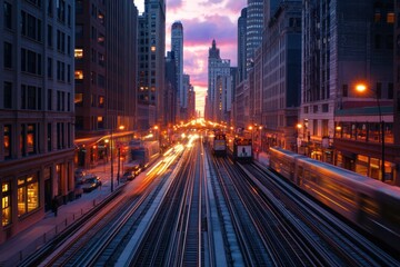 Obraz premium Elevated Train at Sunset, Cityscape, Rush Hour, Transportation
