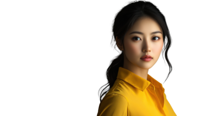 Young asian businesswoman looking serious with transparent background