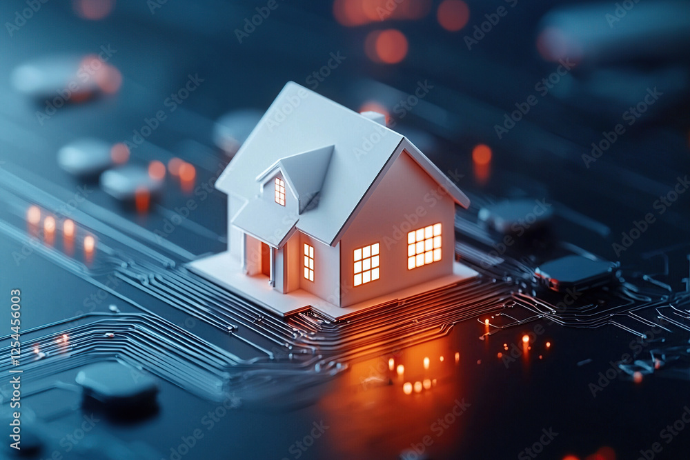 Aufkleber miniature house model sits on circuit board, symbolizing smart home technology integration. glowing 
