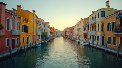 Colorful Venetian canal sunset, boats moored, travel tourism