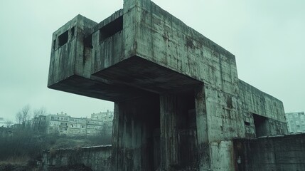 Ruined concrete structure, overlooking town, foggy day, dystopian backdrop, film still