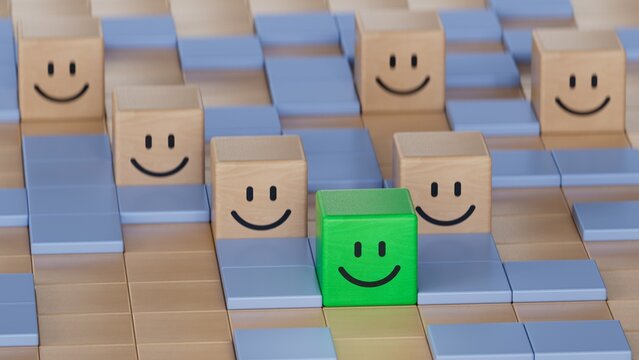 Green leader in the labyrinth.Wood cube with smile, normal and sad face. Facial expressions. Mental health assessment.3D rendering on white background.