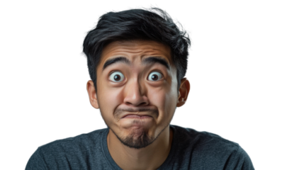 Young man making funny surprised face expression on transparent background