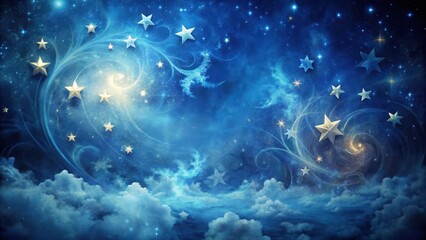 Mysterious atmosphere with swirling clouds and vintage-style stars in a dark blue abstract background , vintage