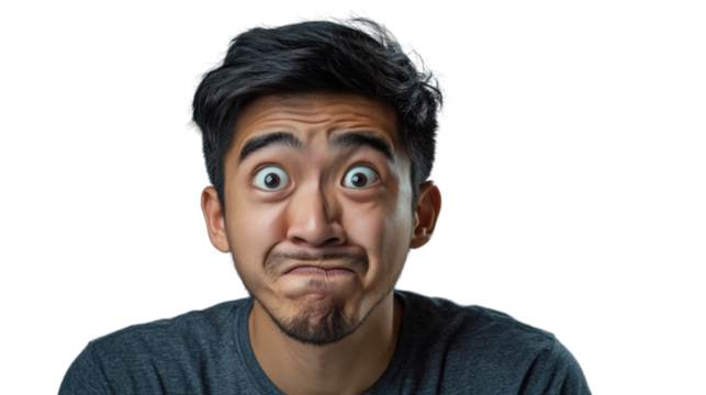 Young man making funny surprised face expression on transparent background