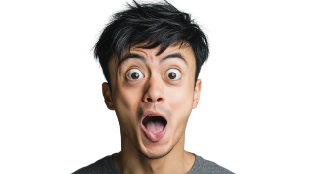 Shocked young man opening his mouth on transparent background
