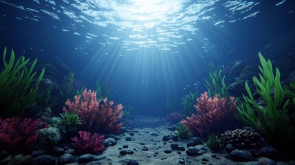 Fototapeta premium Vibrant Underwater Scene with Colorful Coral and Sunlight Streaming