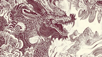 Intricate detailed Illustration of a dragon with mountains and floral elements