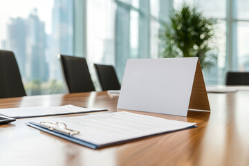 Fototapeta premium modern conference room with wooden table, documents, and blank nameplate, set against backdrop of large windows and cityscape views, creating professional atmosphere