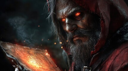 Mysterious hooded figure reading an ancient glowing scroll in a dark, smoky environment