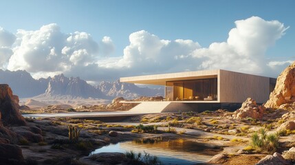 Desert modern house architecture; sunny landscape; mountain background; luxury home design
